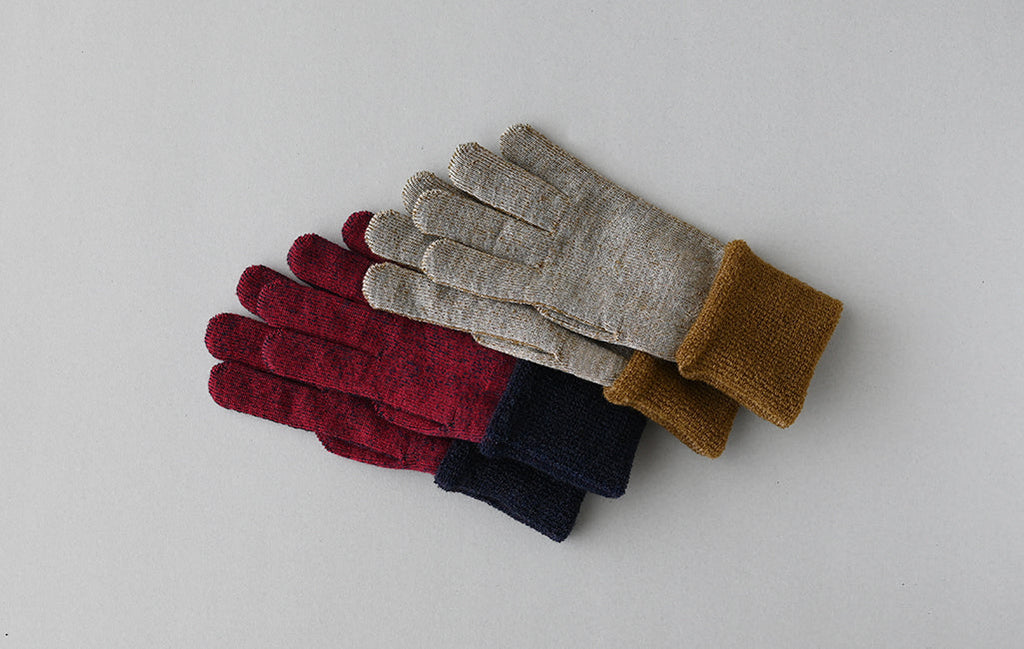「羊毛パイル手袋」新色 レッドネイビー杢／キャメルベージュ杢